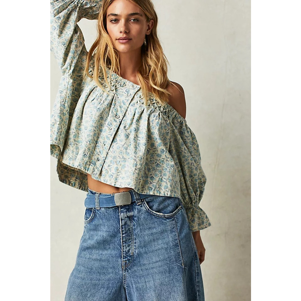 Women's Free People Floral Off-Shoulder Blouse XS Beige Blue